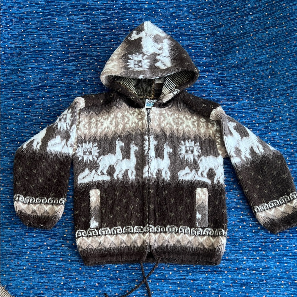 Kids Brown and White Hooded wool zip up jacket-Sweater, size 6